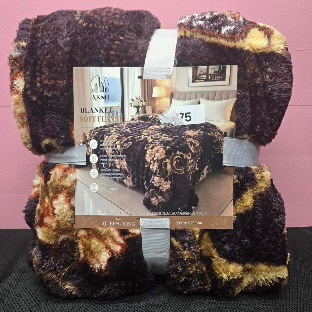 Akmi Soft Flannel Blanket Queen / King Size Brown Floral Scrollwork